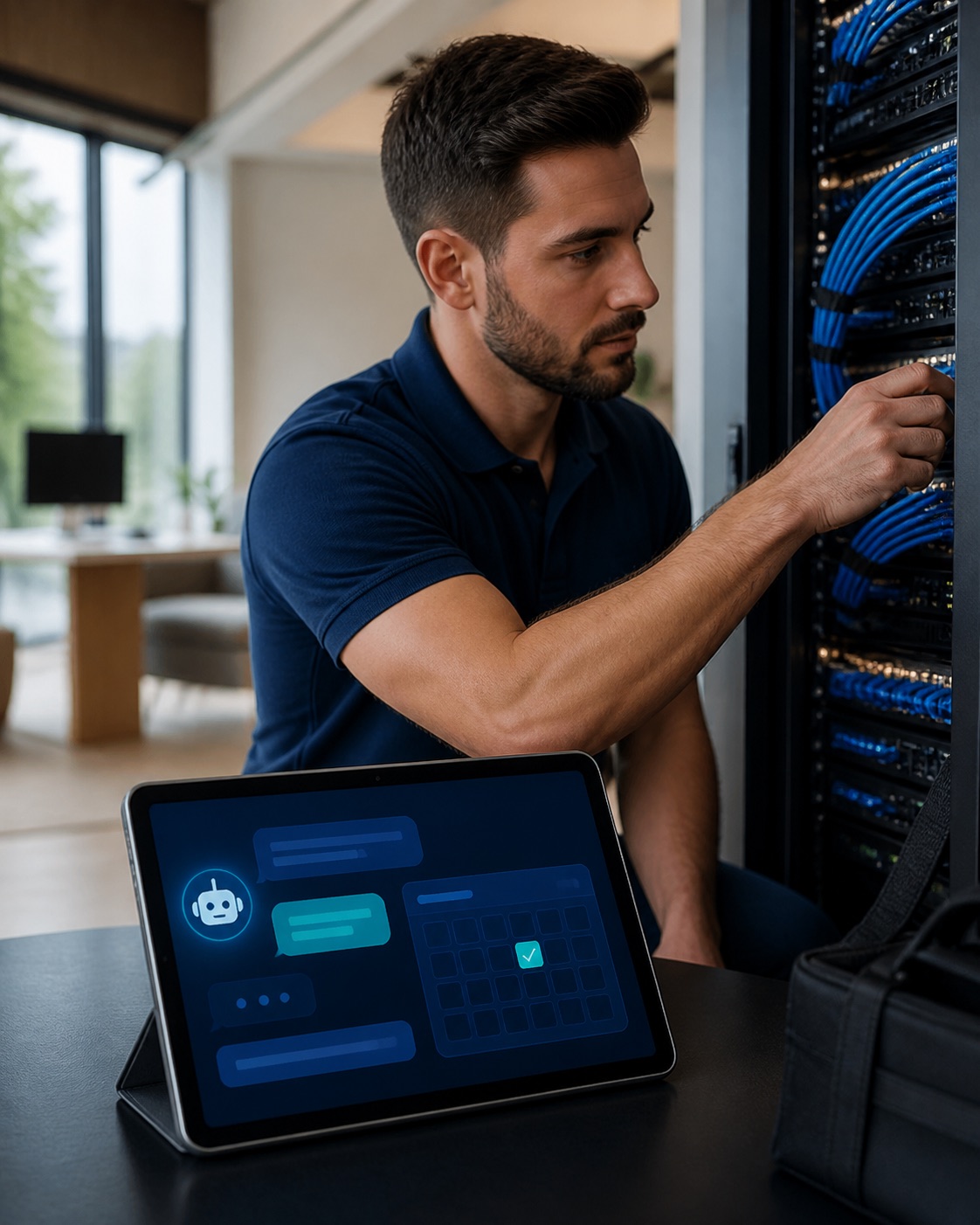 EVOTECH technician working with network cabling and an AI booking dashboard