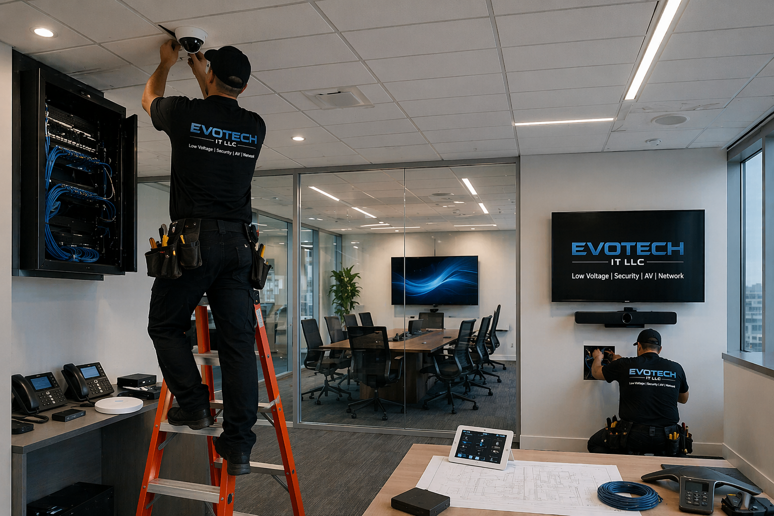 EVOTECH IT technician installing a security camera, network rack and AV system in a Houston office