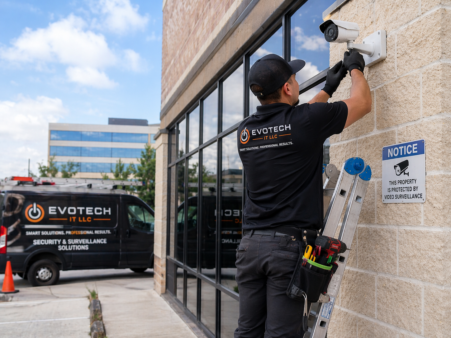 EVOTECH technician installing a security camera outdoors